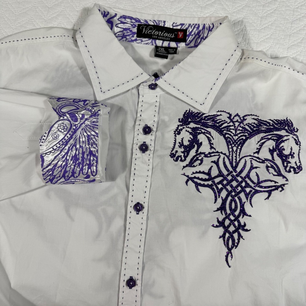 Victorious Button Down Shirt Mens 2XL White Purple Tribal Horse Embroidered NWOT